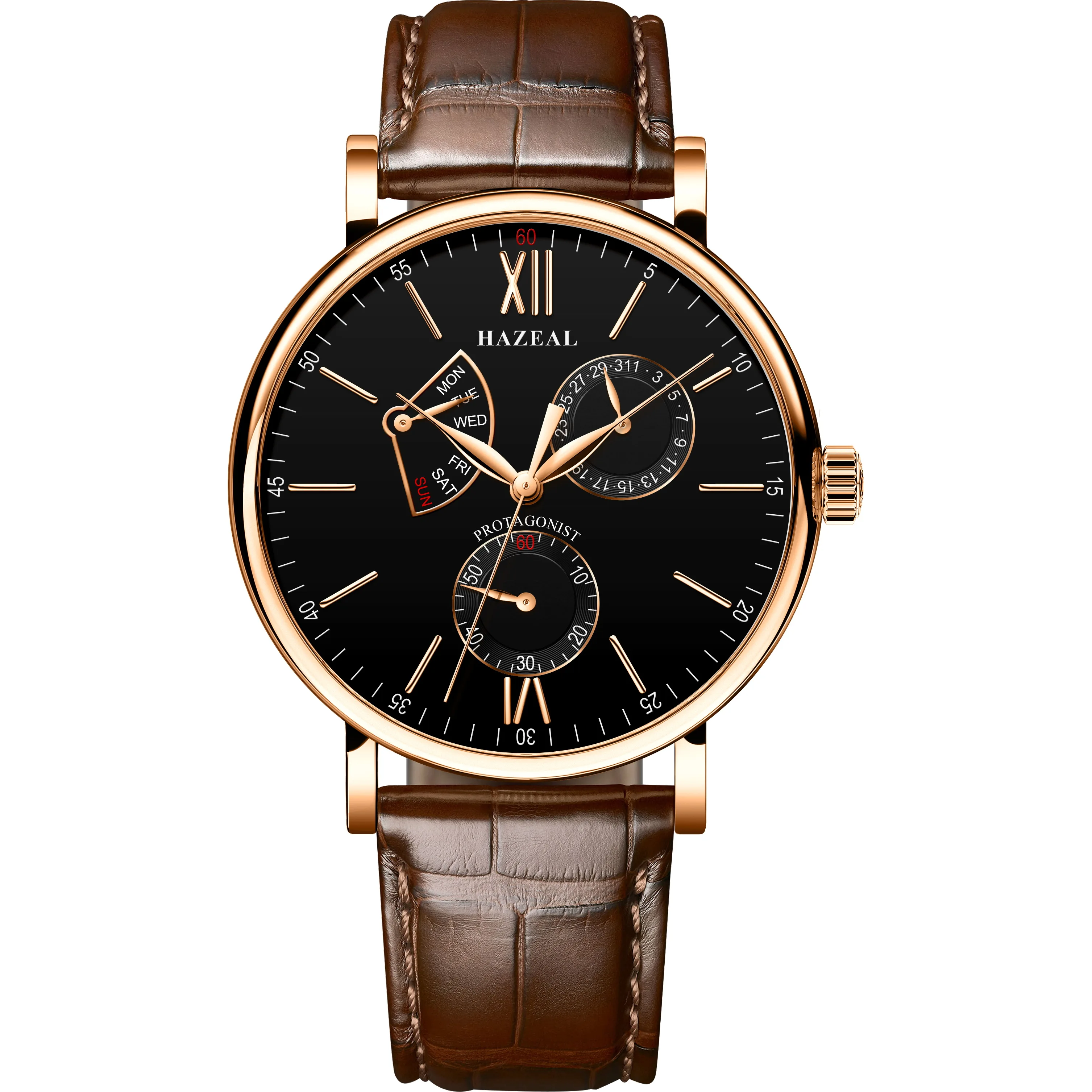 HAZEAL men automatic watch self wind mechanical luxury brand reloj hombre wristwatch leather strap