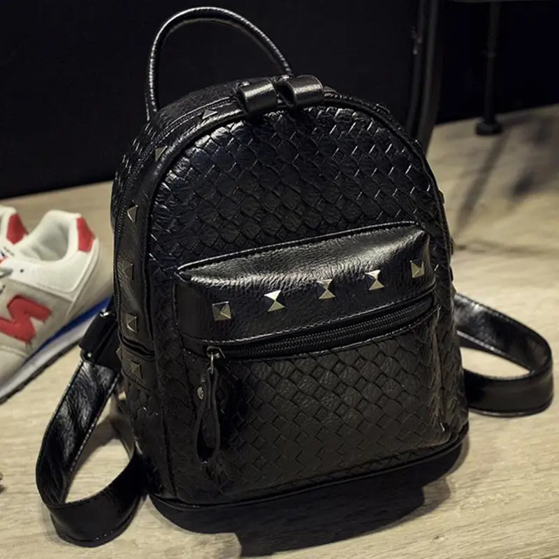 

2019 New Arrival Europe Knitting PU leather Women Backpack Preppy Fashion Rivet School Bags 4 Color Metal Bag