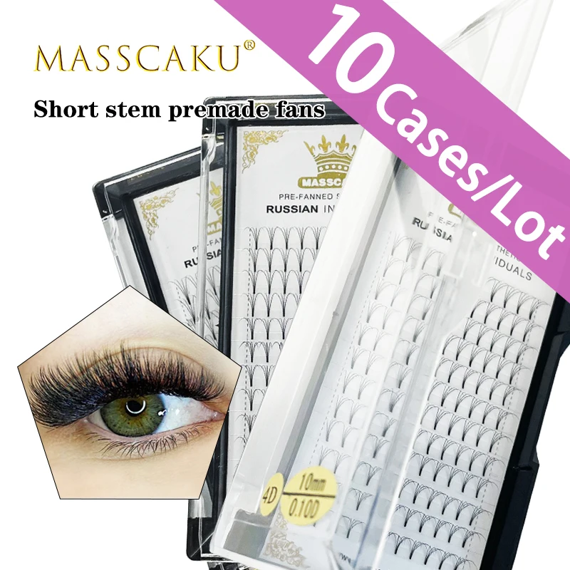 

Fast shipping 10cases/lot false eyelash natural 3D 4D 5D 6D short stem premade russian volume fans premium eyelash extensions