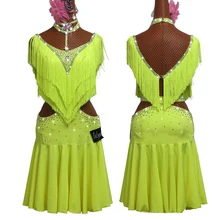Новое латинское танцевальное платье для женщин ФЛУОРЕСЦЕНТНОЕ желтое платье брошь из горного хрусталя для девочек с бахромой платье для выступлений танцевальные платья Сальса BL2633