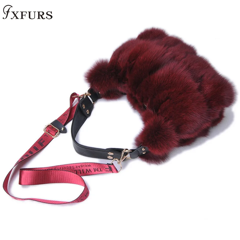 FXFURS, новинка, сумки из натурального лисьего меха, женские сумки через плечо на одно плечо, сумки через плечо из меха серебристой лисы, большие женские клатчи - Цвет: wine red