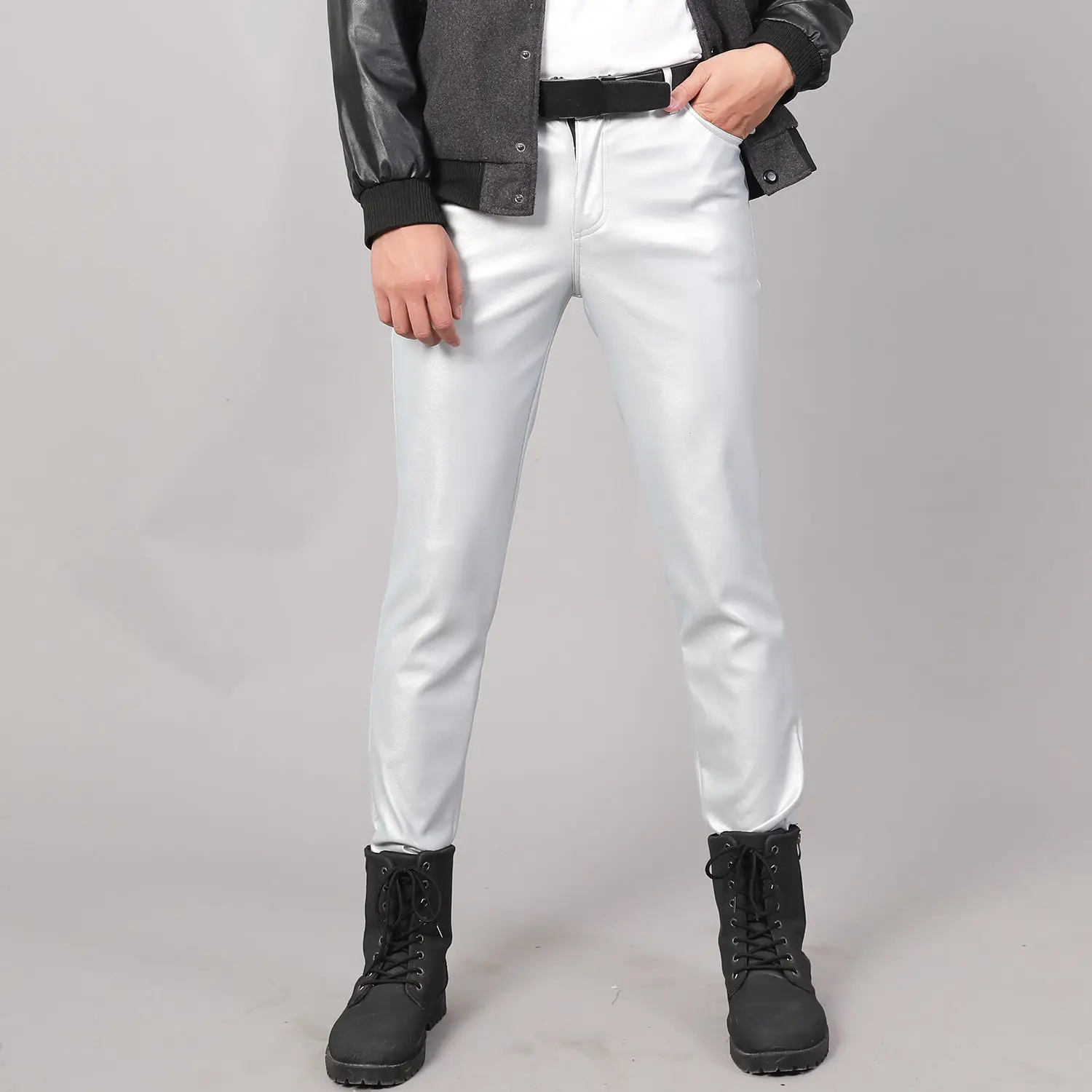 Men's Leather Pants Elastic Slim Fashion Waterproof White Dance Performance Bar Pencil Pants Moto & Biker Pu Men's Black