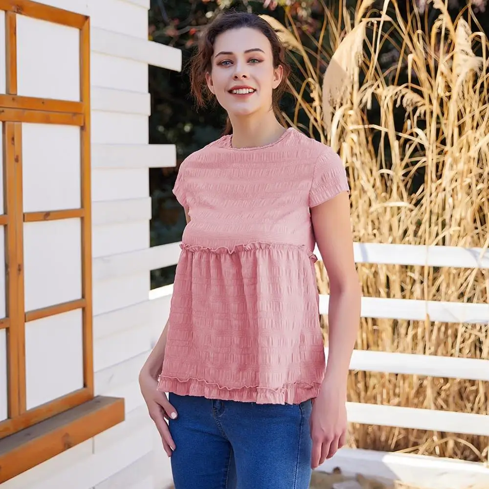 

DANALA Round Neck Fungus Pleated Casual Slim Female Women's Shirt T-shirt TopsCommute Exclusive Leisure Spring Summer 2020 2019