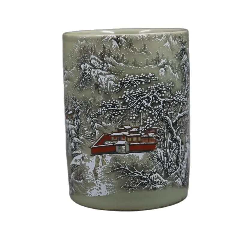 

Chinese Old Pink Porcelain Snow Scenery Penholder