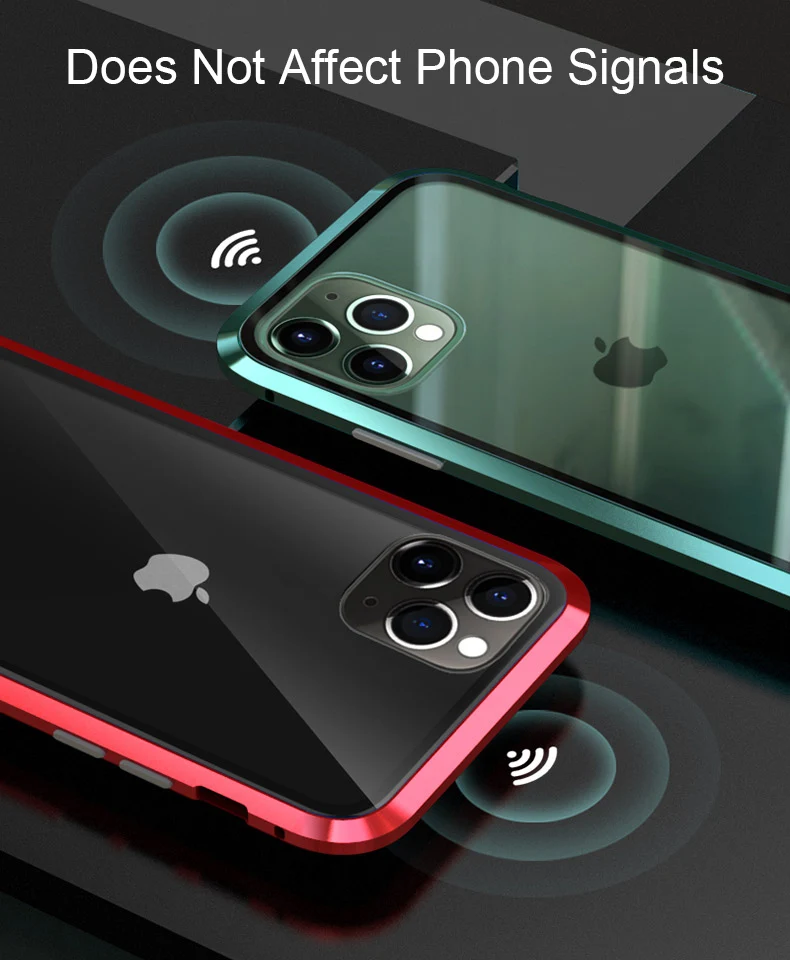Роскошный двухсторонняя, для стекла Магнитный чехол на iPhone 11 Pro Max Алюминиевый металлический бампер магнит чехол 360 Защитный чехол с петлей