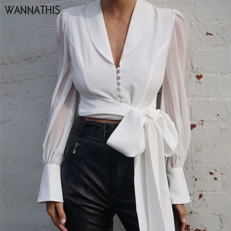 Женская шифоновая блузка WannaThis элегантная белая с глубоким V-образным вырезом