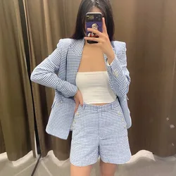 Houndstooth v neck senhoras terno jaqueta de escritório senhoras xadrez terno e calções azuis terno de duas peças