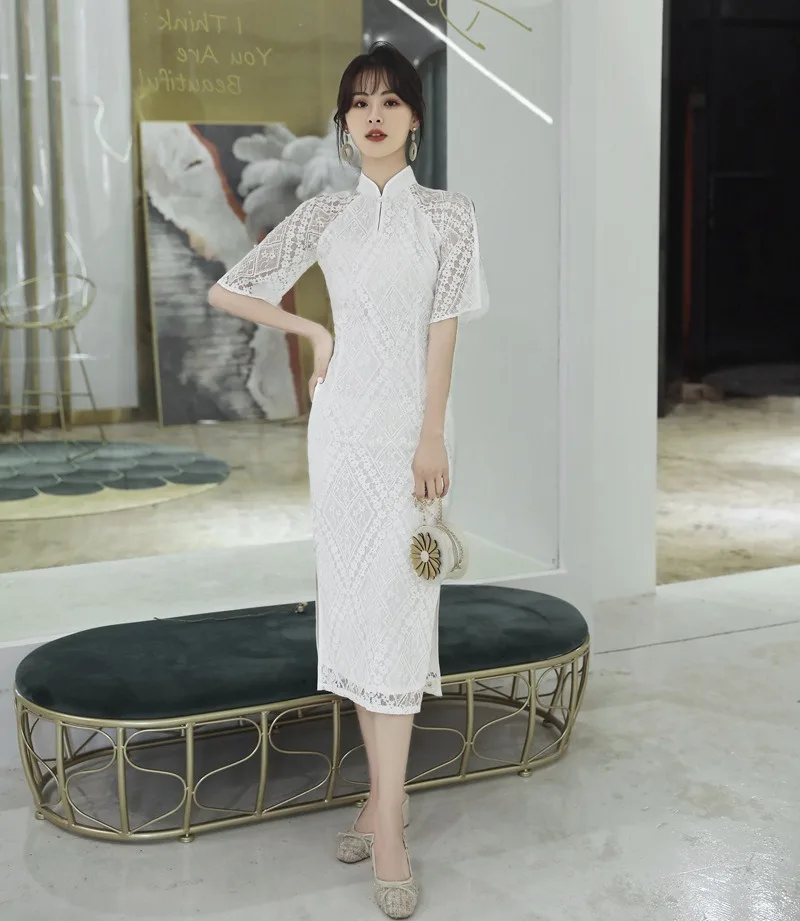 

2020 autumn and winter cheongsam new girl model improved fashion slim slimming beaded lace improved long cheongsam skirt