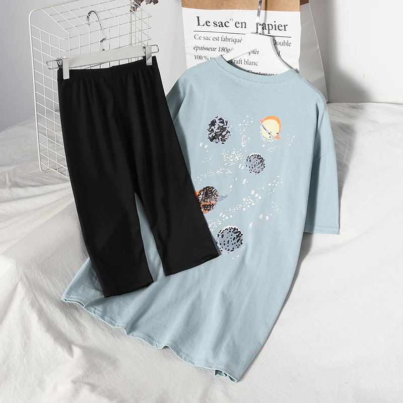 

Mooirue Omen Two Piece Outfits Funny Printed Loose T Shirt+ Black High Waist Elastic Slim Pants Outfits For Women Harajuku Sets