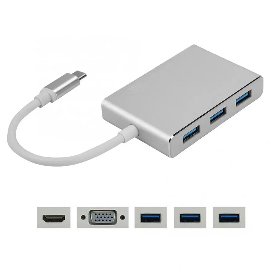 5-в-1 Тип-C на HDMI+ VGA+ USB3.0* 3 многофункциональный конвертер видео адаптер Hub для ноутбука USB-C HDMI адаптеры VGA