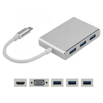 

5-In-1 Type-C to HDMI+VGA+USB3.0*3 Multi-function Converter Video Adapter Hub for Laptop USB-C HDMI VGA Adapters