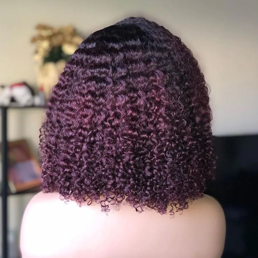 Ombre 1B/99J кудрявые парики из человеческих волос с отбеленными узелками перуанские 360 кружевные передние короткие парики для черных женщин