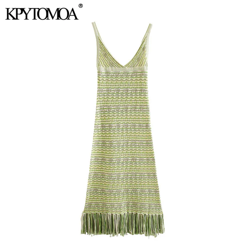 KPYTOMOA Women 2020 Chic Fashion With Tassel Knitted Midi Dress Vintage Backless Fringed Hem Straps Female Dresses Vestidos KPYTOMOA Women 2020 Chic Fashion With Tassel Knitted Midi Dress Vintage Backless Fringed Hem Straps Female Dresses Vestidos