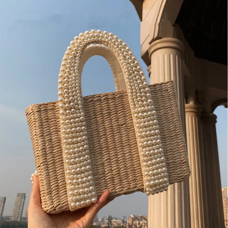 

Women's Bohemian Bag with Pearl Ladies Hand Bags Straw Basket Large Tote Crossbody Messenger Bag for Womens Handbags and Purses