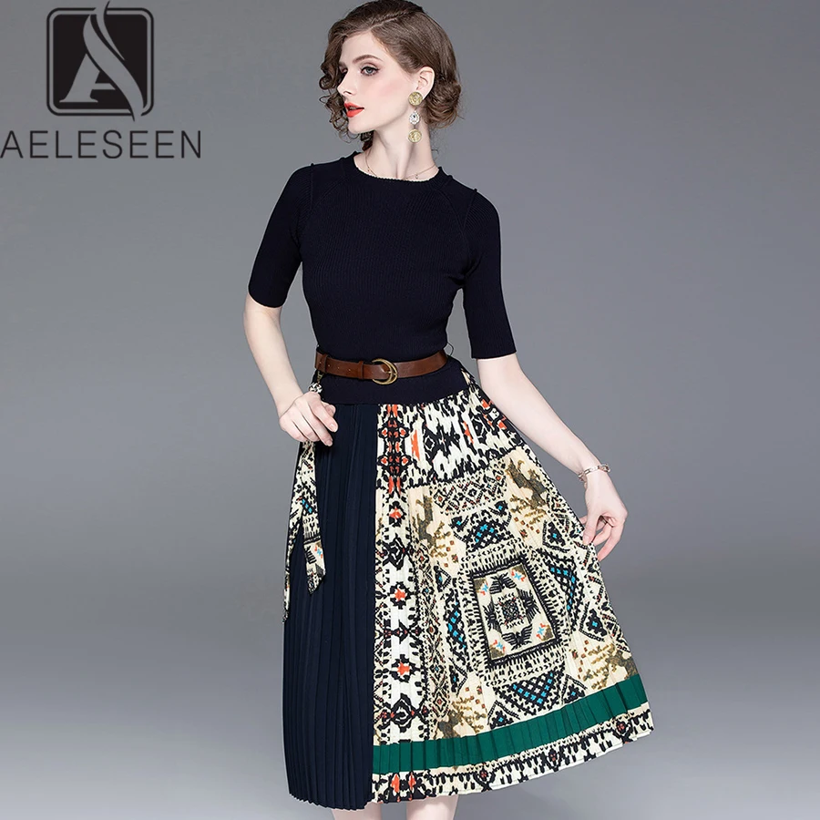

AELESEEN Office Lady 2019 Autumn New Fashion Half-Sleeve Sweater Top Spliced Pleated Vintage Print Mid-Calf Dress With Sashes