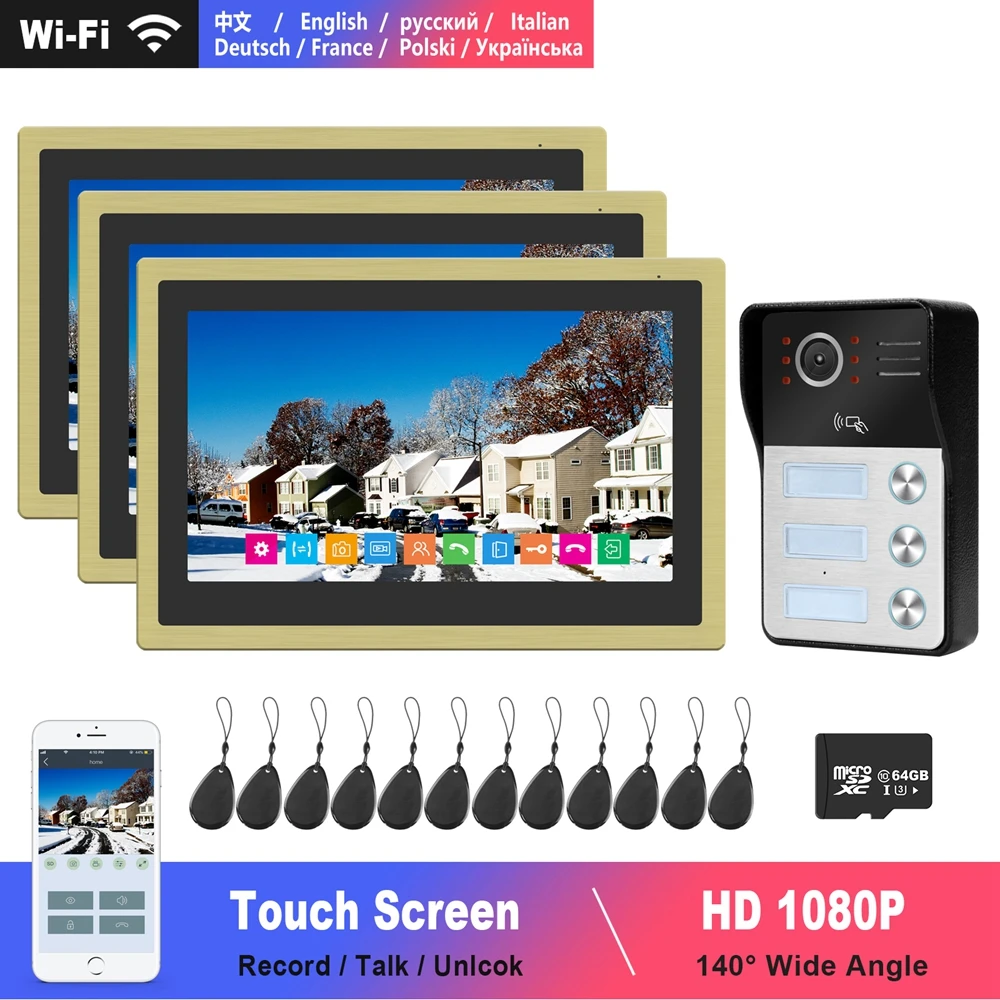 Видеодомофон Diagonsview с Wi Fi для квартиры 10 дюймовый сенсорный экран 1080P дверной