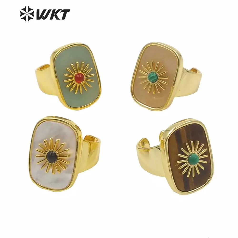 

WT-R364 Amazing Women Fashion Suqare Party Cocktail Ring Gold Electroplated Flower Charm Natural Stone Birthday Ring