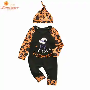 

2020 Newborn Baby Clothing My First Halloween Outfit Set Long Sleeve Letter Print Romper and Hat Set Fashion 2-piece