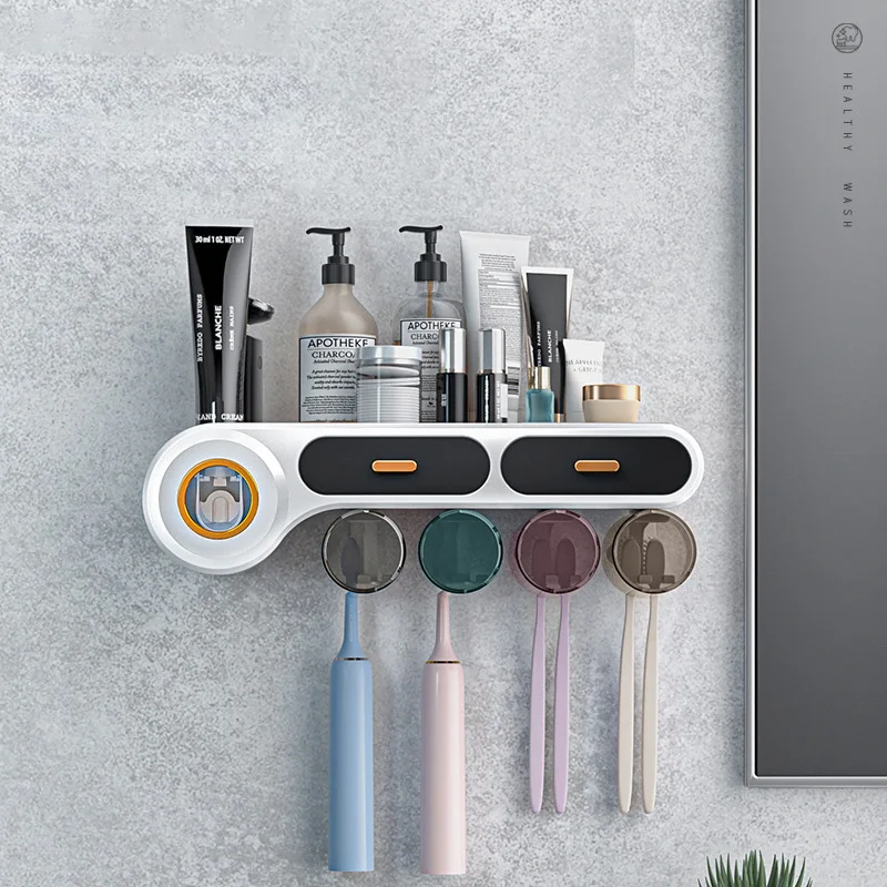 Wall Mounted Toothbrush Holder Automatic Toothpaste Squeezer Punch Free Tooth Brush Storage With Cup Bathroom Accessories | Дом и сад