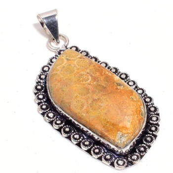 

Genuine Fosil Coral Pendant Silver Overlay over Copper , Hand made Women Jewelry gift , P8945