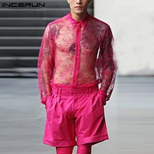 INCERUN – chemisier à manches longues pour homme, haut Sexy, décontracté, court, en dentelle, Jacquard, transparent, Rose, rouge, 2021, S 5XL