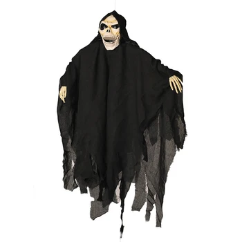 

21 Inch Halloween Ghost Hanging Decoration Voice Control Scary Creepy Flying Skull Ghost with Red LED Light Eyes Halloween Gift
