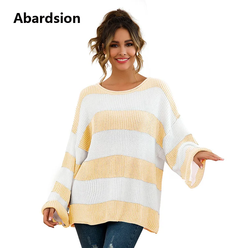 

Abardsion New Casual Striped Sweater Autumn Winter Clothes 2019 Plus Size Women Jumper Pullover Long Sleeve Oversied Sweaters