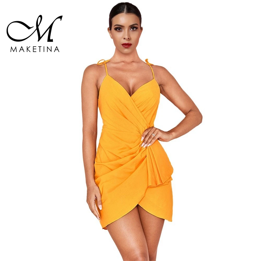 Maketina новое летнее женское платье бодикон Подиум Сексуальное желтое платье без рукавов облегающее мини платье вечернее Клубное платье