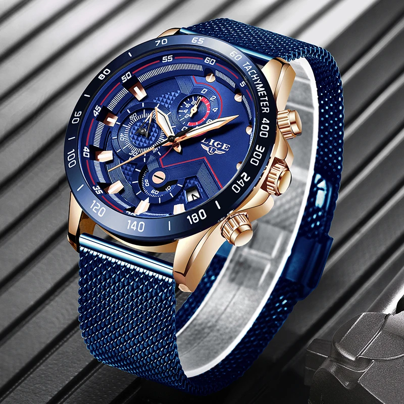 Lige Fashion New Mens Watches Brand Luxury Wristwatch Quartz Clock Blue Watch Men Waterproof Sport-2