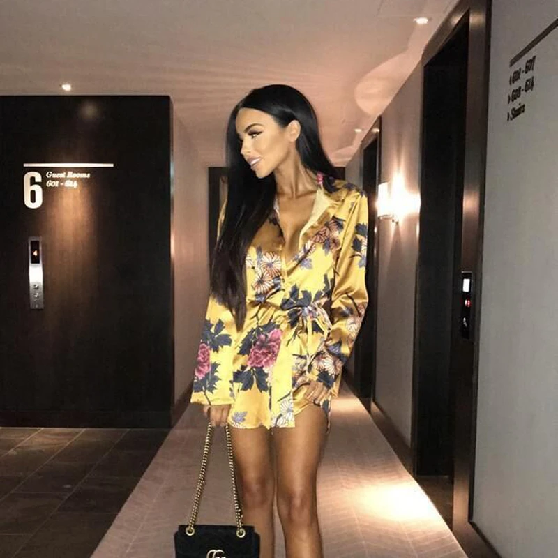 Summer Sexy Women Silk Satin Shirt Dress Ladies Print Floral Long Sleeve Loose Short Mini Dresses Beach Party Dress