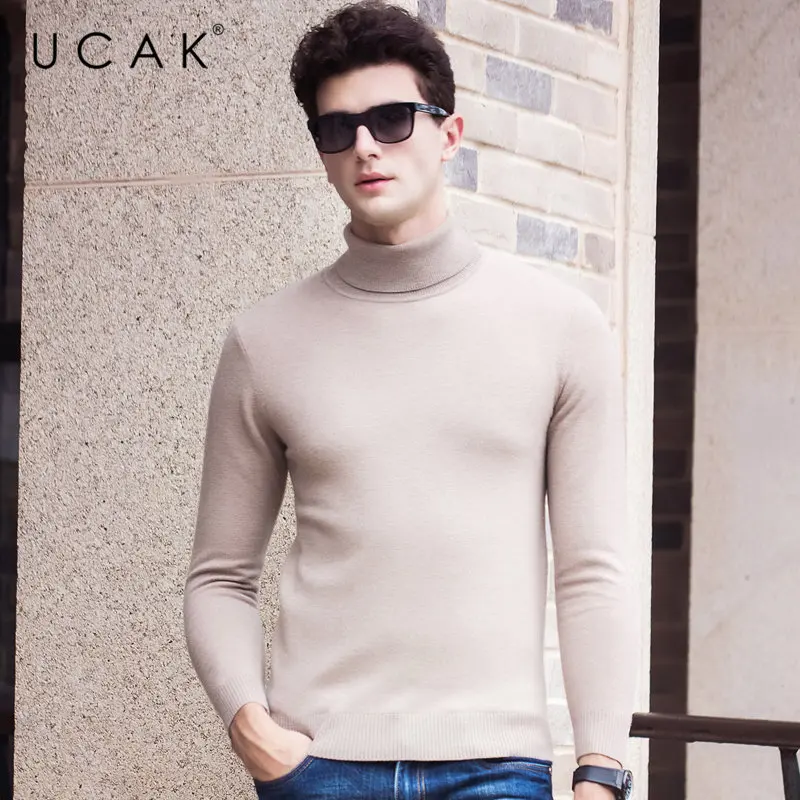 Хаки UCAK бренд Merino шерстяной мужской свитер осень-зима толстые теплые детские джинсы с кашемиром без полей, Повседневное пуловер с воротником "хомут" Для мужчин Джерси U3059 - Цвет: Хаки