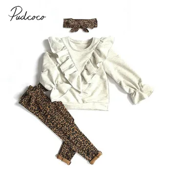 

2020 Baby Spring Autumn Clothing Kid Baby Girl Clothes Long Sleeve Ruffle Tops Sweatshirt+Leopard Pants Headband Outfit 6M-5T