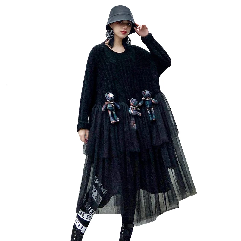 CHICEVER Patchwork Mesh Cartoon Knitted Sweater Women O Neck Long Sleeve Oversize Thick Pullovers Female Fashion Clothes
