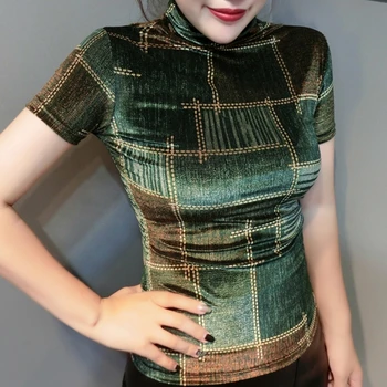 

2020 Spring Summer European Clothes Pleuche Print Bright Gold Plaid T-shirt Women Tops Ropa Mujer Bottoming Shirt Tees T02222