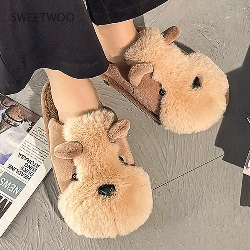 Men Women Fur House Slippers Cotton Warm Shoes Cute Lovely Cartoon Dog Indoor Bedroom Furry Winter Slippers Pair