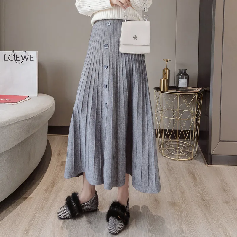 Gray Корейская мода трикотажные длинные юбки на пуговицах Корея осень зима женские с высокой талией элегантные трикотажные миди юбки - Цвет: Gray