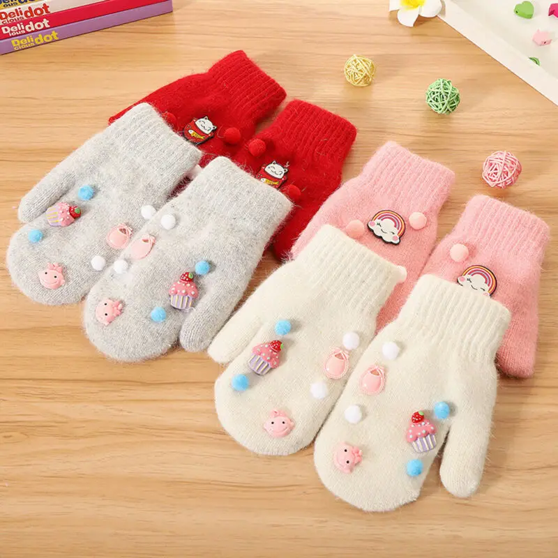 Зимние милые детские вязаные теплые мягкие перчатки варежки ярких цветов со