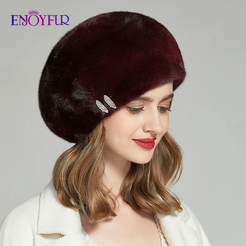 ENJOYFUR, натуральный мех норки, женские шапки для зимы, модные, натуральный мех, береты, стразы, украшение, теплые женские меховые шапки