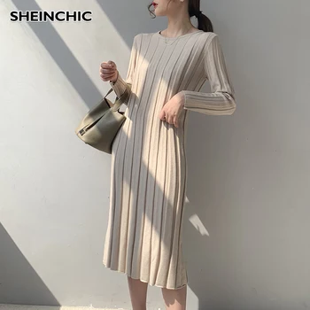 

2020 Spring Autumn Knitted Midi Dress Elegant Beige/Black/White Long Sleeve Round Neck Knit Striped Dress For Female Vestidos