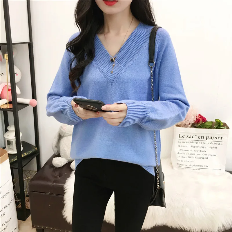 Najtaniej Sweter z dekoltem w serek jesień ciepłe swetry dziergany sweter Top Pull Femme czarny niebieski zielony