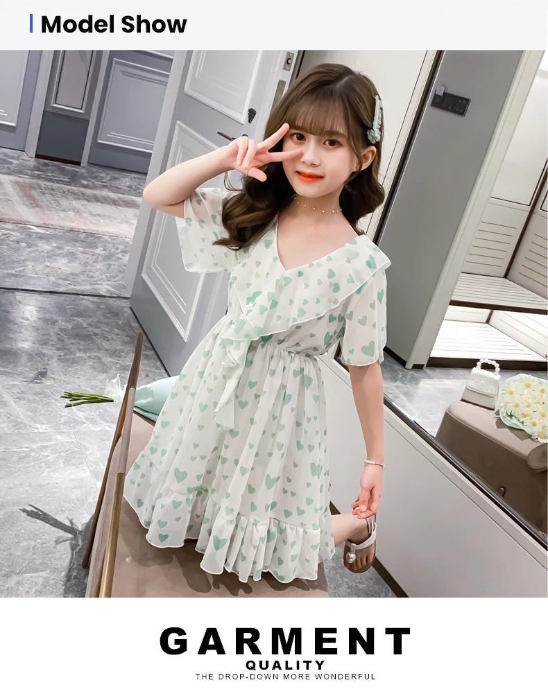 Summer Girls Chiffon Dress Kids Short Sleeve Pink Heart Print Floral Dresses Sweet Children's Princess Gown Children's Clothes- Hc3a0e19ca164442dbafced1c3a2c31fbX