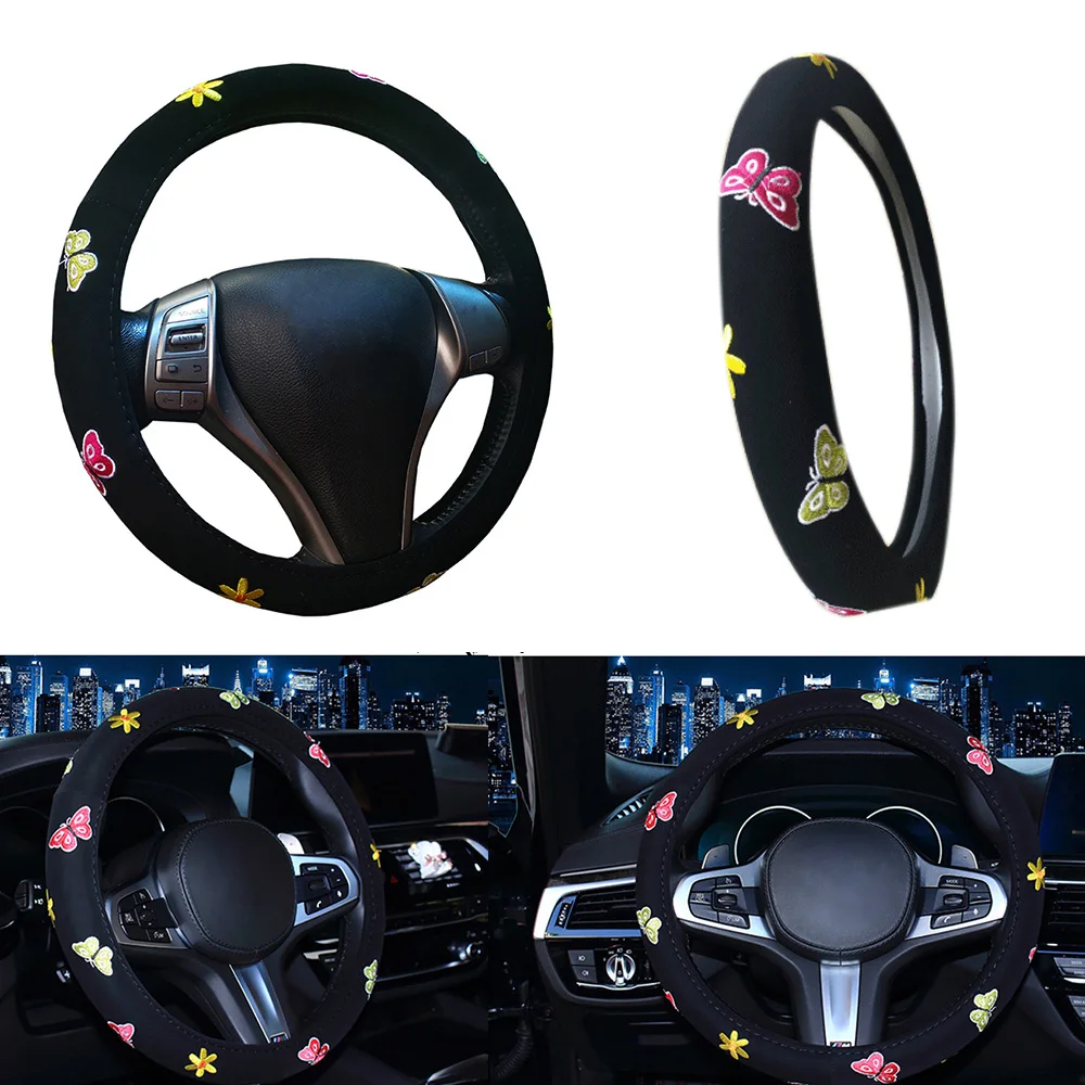 

Women's Embroidered Universal Car Steering Wheel Cover 4 Style Butterfly Ladybug Flowers Cherry Fluffy Steering Wheel Cover