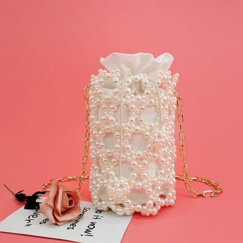 

Hollow Out Pearls Shoulder Bags Women New Elegant Handmade Metal Chain Hexagonal Beaded Small Barrel Shaped Purse Female Wedding