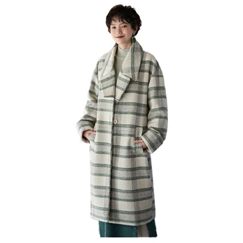 

Women Woolen Coat Autumn Winter New Plaid Korean Fashion Mid-length Loose High Quality Temperament Warm Thicken Jacket Z106
