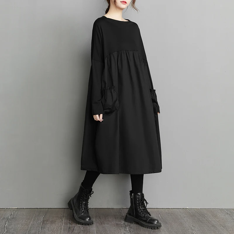 Long Sleeve Black Big Pocket Patchwork Dresses For Women Loose Casual Vintage Dress Fashion Elegant Clothing Spring Autumn 2025