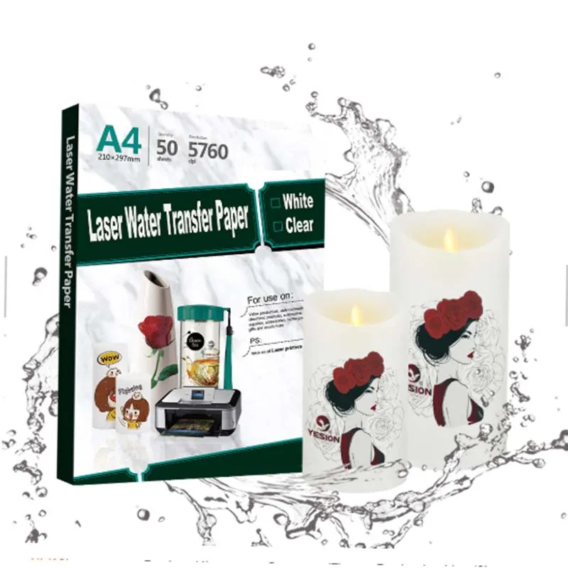 Tobogán de agua transparente, papel de transferencia de agua para taza, sin necesidad de recubrimiento de aceite/aerosol láser blanco