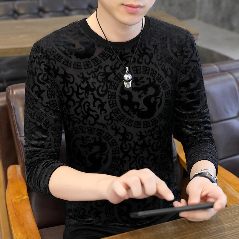 

Тянущиеся бархатные футболки для мужчин, велюровые широкие футболки, просвечивающие, осень 2021, модная мужская одежда, эластичные топы, зимняя футболка