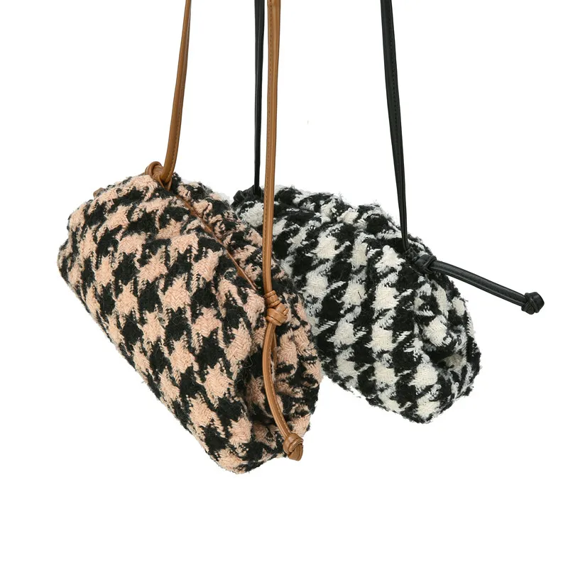 Day clutch tweed Evening party purse bag women large big small ruched pillow bag winter houndstooth plaid canvas pouch handbag