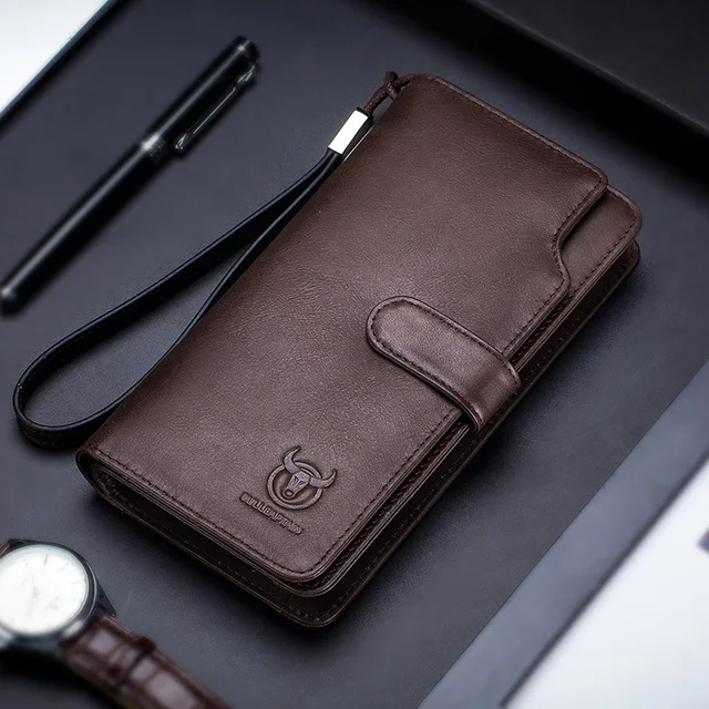 BULLCAPTAIN Men Long Wallet Clutch Bag Credit Card Holder Purses Carteras Billetera Hombre Leather Money Portfe Carte Coffee
