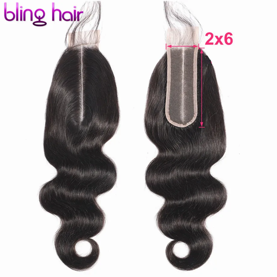 En oferta Bling Hair-extensiones de cabello humano con pelo de bebé, mechones de pelo brasileño ondulado con parte media 100%, cierre de cabello humano Remy, Color Natural de encaje suizo, 2x6 aJj7expo